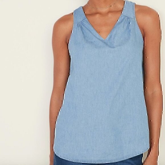 OLD NAVY Chambray V-Neck Tank Top Light Wash Denim Cutout Cotton Blouse Medium M - Picture 3 of 11